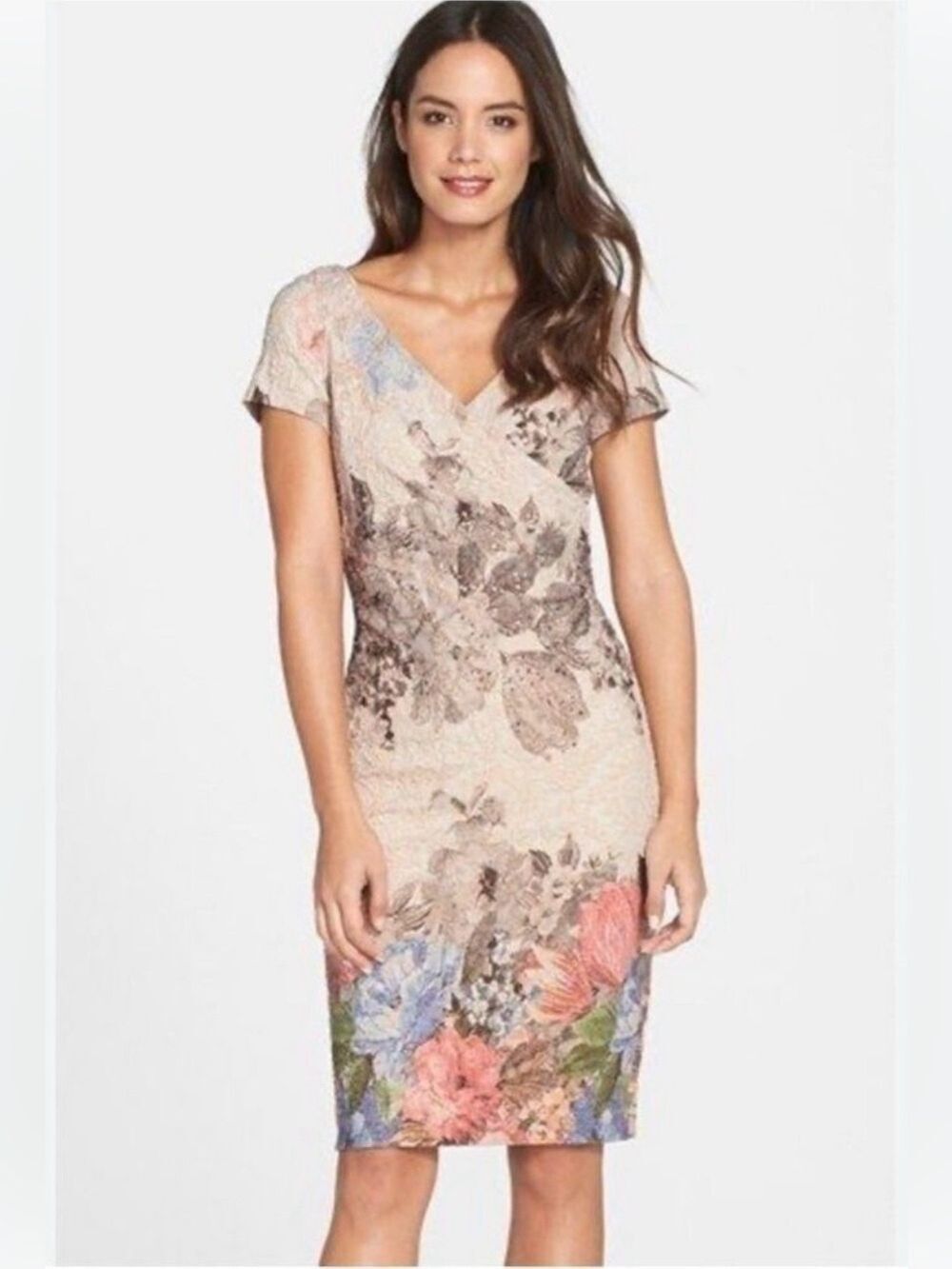 Adrianna Pappell Matelasse faux wrap sheath jacquard floral dress Size 2Petite